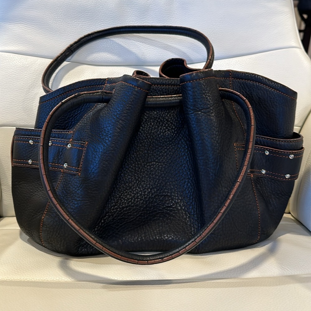 Cole Haan Black Pebble Leather Brown Stitching & Trim Shoulder Bag